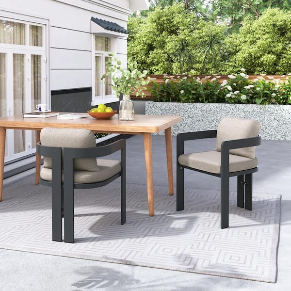 Black Finish Aluminum Outdoor Dining Chair with Beige Cushions (2-Pack)