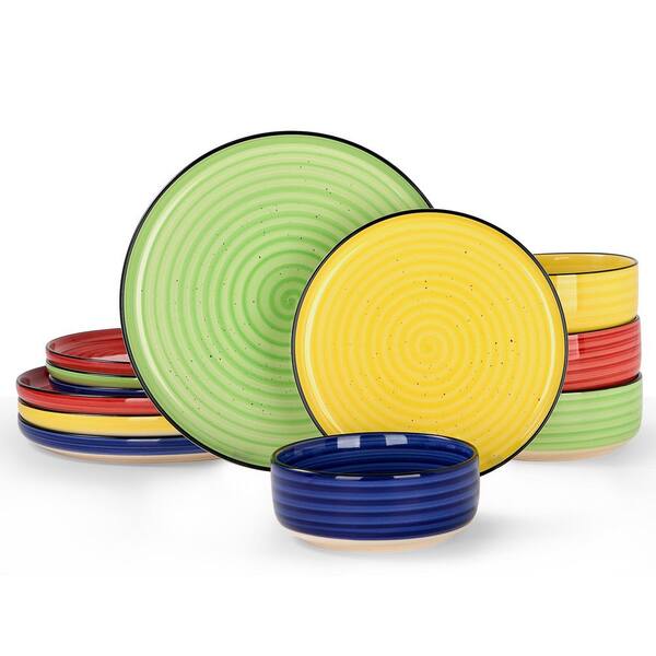 12-Piece Multicolor Stoneware Dinnerware Set, Ceramic Plates and Bowls Collection in Hand-Painted Design (Service for 6)