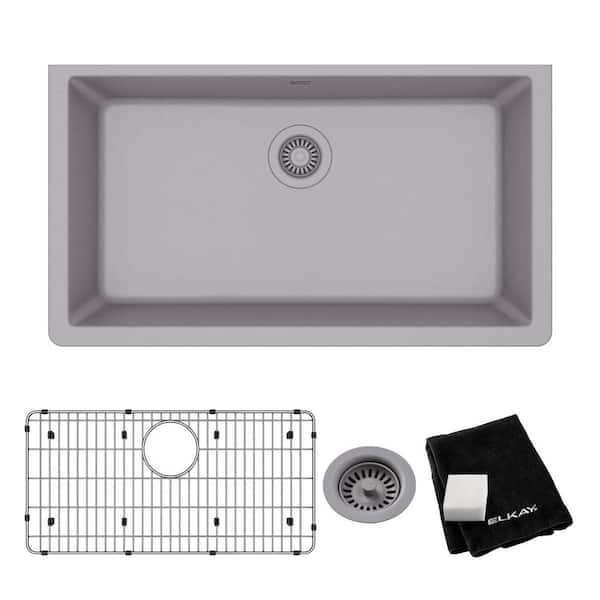 Elkay Quartz Classic Greystone Quartz 33 in. Single Bowl Undermount Kitchen Sink with Bottom Grid and Drain