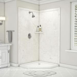 Splendor 40 in. x 40 in. x 80 in. 7-Piece Easy Up Adhesive Corner Shower Wall Surround in Botticino Cream