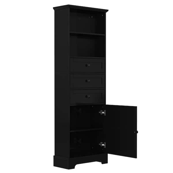 YSQCAR 22 in. W x 10 in. D x 67 in. H Black MDF Freestanding Linen Cabinet with Door and Drawers, Adjustable Shelf