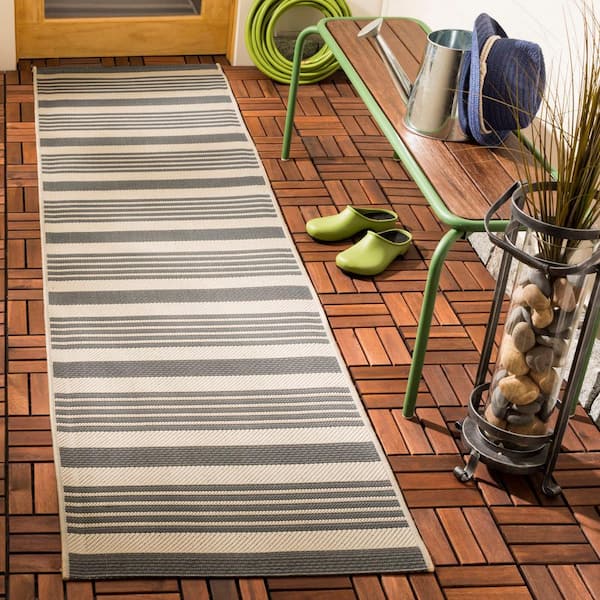 Courtyard Gray/Bone 2 ft. x 5 ft. Striped Indoor/Outdoor Runner Rug