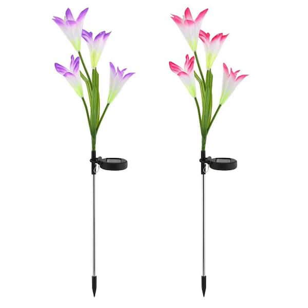 2-Pack Solar Garden Lights Outdoor Lily Flower Color Changing Waterproof Path Stake Lights Patio Decoration