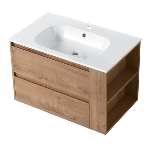 29.8 in. Wall-Mounted Imitative Oak Bath Vanity with White Gel Sink Cultured Marble Top Unassembled
