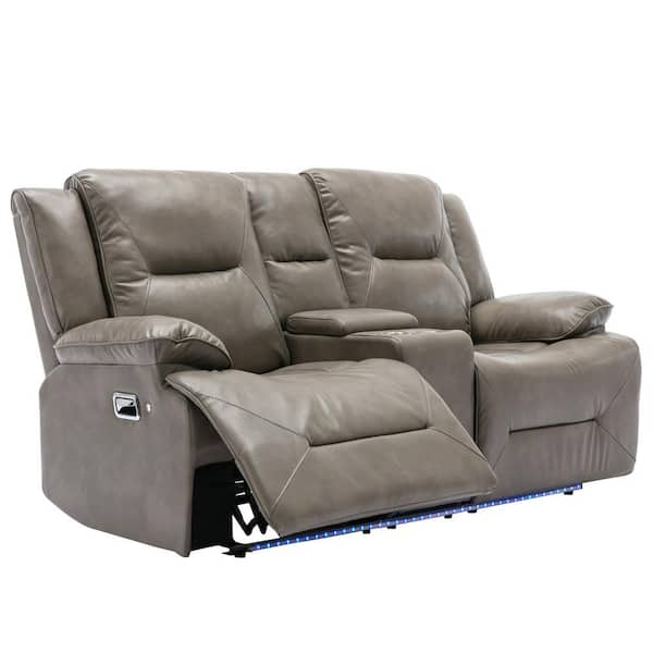 Luxurious Leather Home Theater Recliner, Recliner Chair with a LED Light Strip, 2 Cup Holders and a Storage Box, Gray