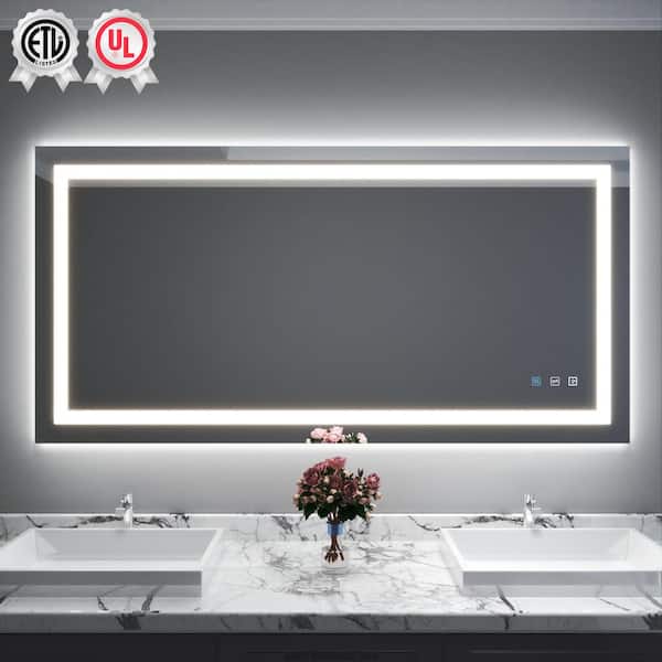 waterpar Super Bright 72 in. W x 36 in. H Rectangular Frameless Anti-Fog LED Wall Bathroom Vanity Mirror with Front Light