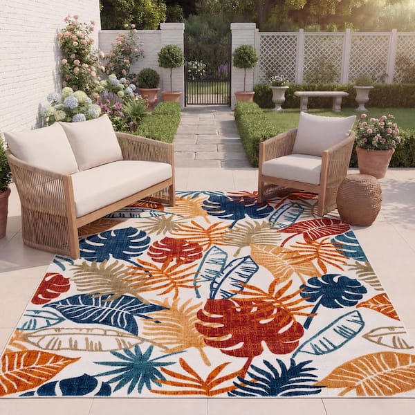 Cabana Cream/Red 8 ft. x 10 ft. Contemporary Geometric Leaf Indoor/Outdoor Patio Area Rug