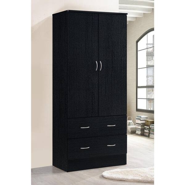 Tall Wooden 2 Door Wardrobe With 2 Drawers Bedroom Storage Units With Hanging Bar Clothes Black