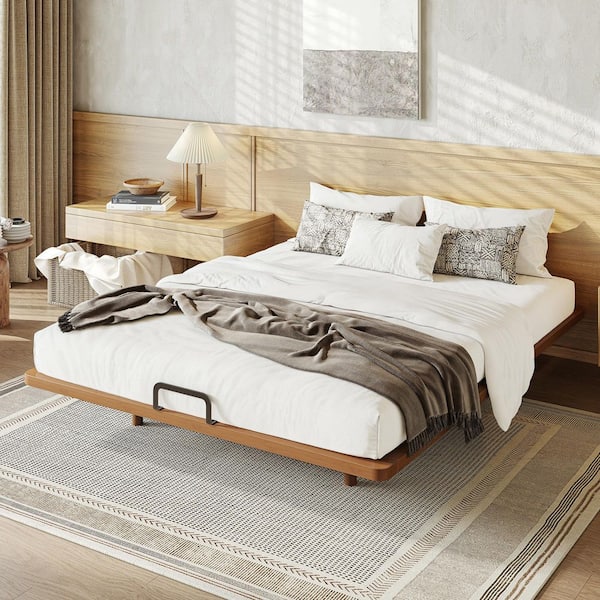 Warm Brown Solid Bamboo Wood Frame Queen Size Platform Bed with Sturdy Support Slats, No Box Spring Needed