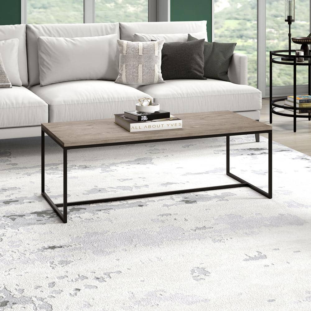Antiqued Gray Oak and Bronze Metal Rectangular Coffee Table