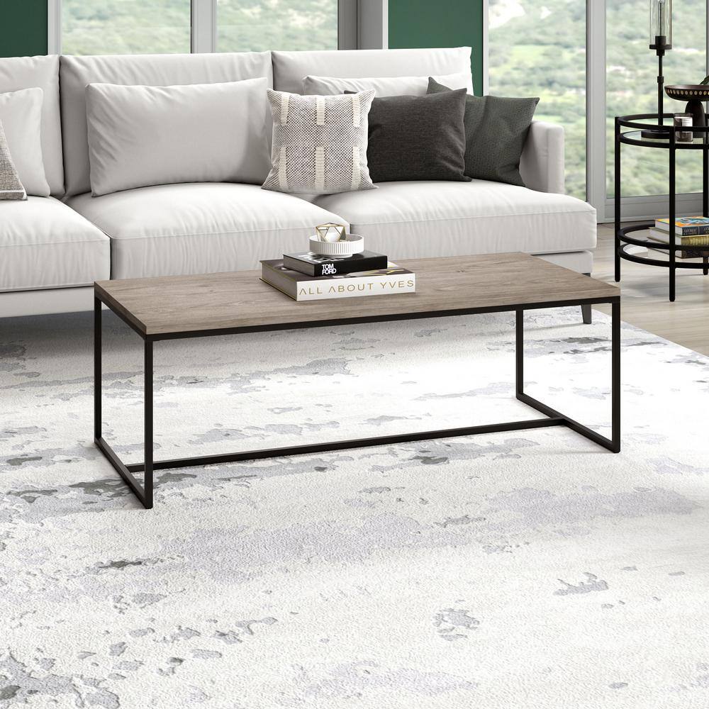 Antiqued Gray Oak and Bronze Metal Rectangular Coffee Table