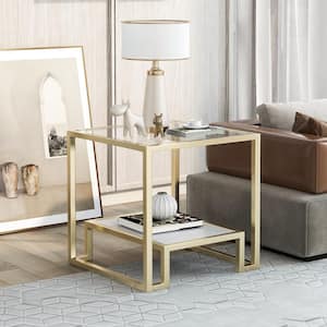 22 in. Minimalist Square Glass End Table, Metal with Stained White Tempered Glass, 2-Tier Sofa Side Table, Gold