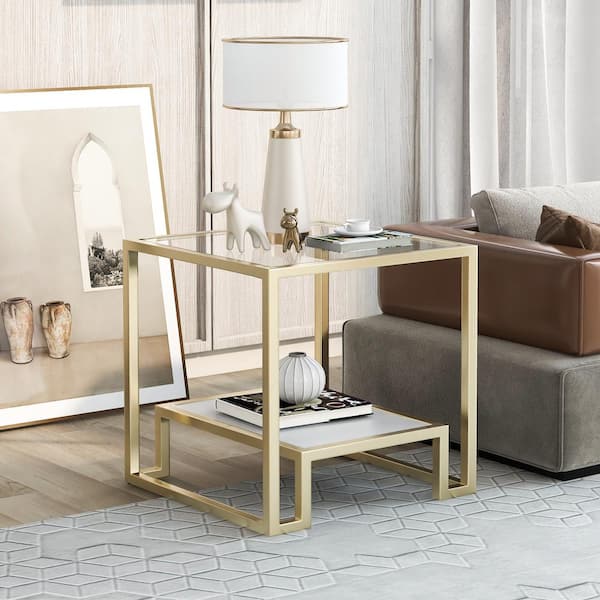 ANBAZAR 22 in. Minimalist Square Glass End Table, Metal with Stained White Tempered Glass, 2-Tier Sofa Side Table, Gold