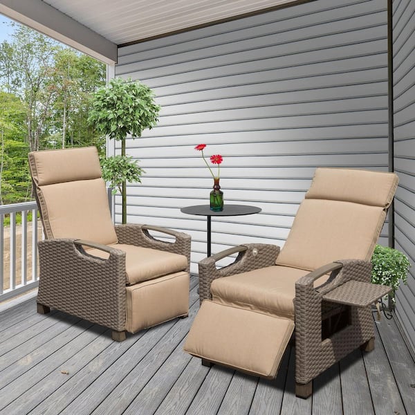 Sudzendf 2-Pack Brown Rattan Wicker Outdoor Recliner Chair with Beige Cushions, Flip Table Push Back and Adjustable Angle