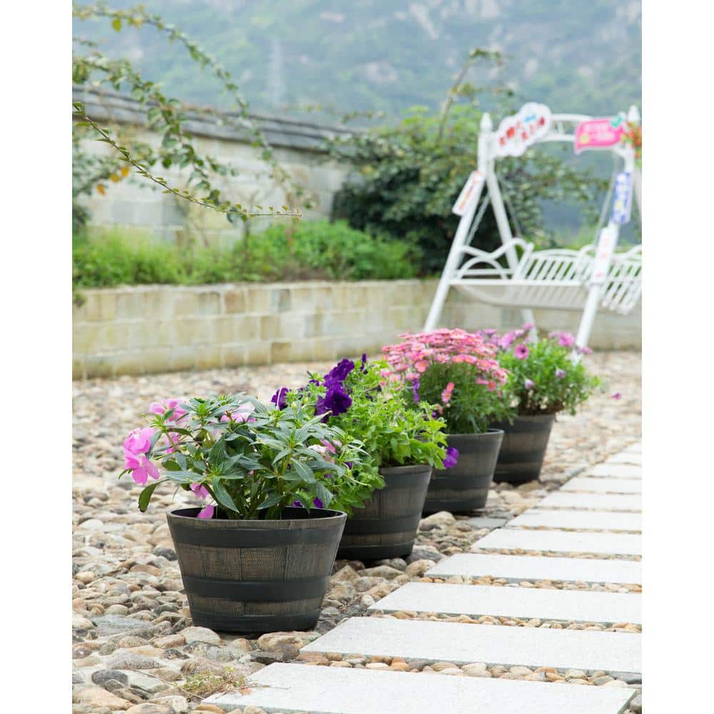 Gardenised Rustic Wood- Look Plastic Half Barrel Flower Pot Bucket Planter, Pack of 4