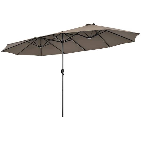 HONEY JOY 15 ft. Double-Sided Twin Market Patio Umbrella Extra-Large Market Umbrella for Outdoor in Coffee