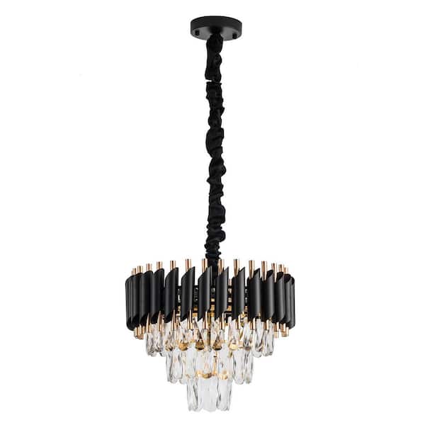 Modern 5-Light 3-Tier Black Crystal Chandelier For Entryway Foyer Stairwell Living Room, Bulbs Not Included