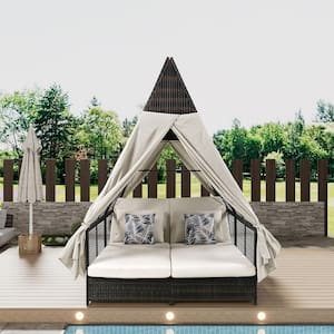 Wicker Outdoor Day Bed Patio Double Chaise Lounge with Adjustable Backrest, Curtain, Beige Cushion and 4 Pillows