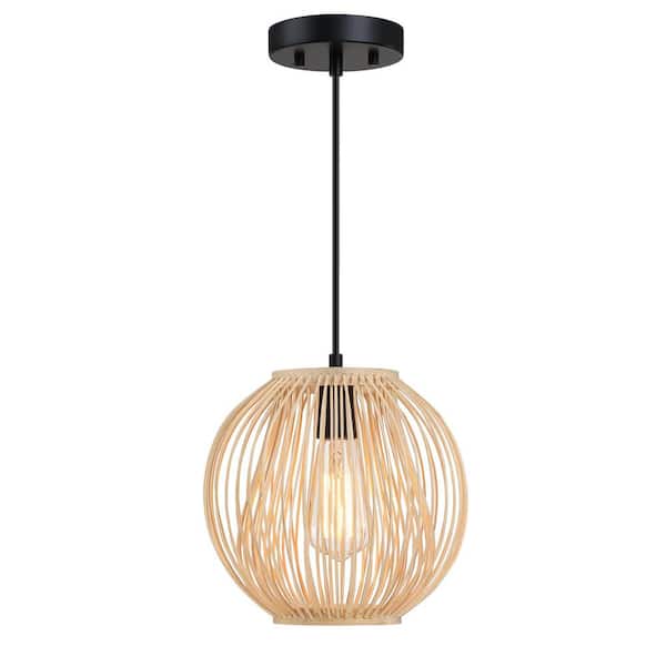 Avex 1-Light Black and Brown Pendant Light with Rattan Shade, No Bulbs Included