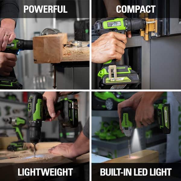 Greenworks 1/2 in. 24V Battery Cordless Brushless Drill/Driver and 