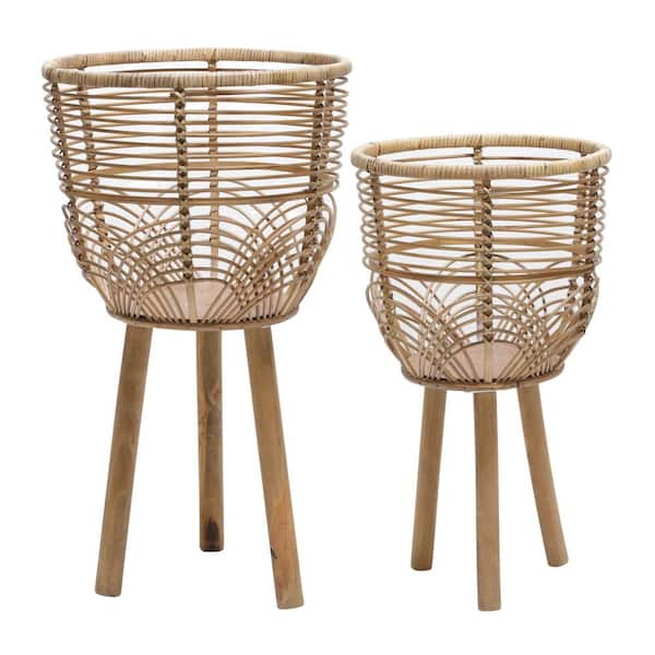 Liv & Skye 12 in. x 22 in. Natural Bamboo Wicker With Stand Planters Decorative Pots (Set of 2)