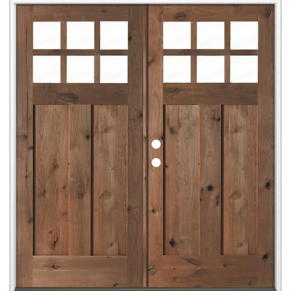 72 in. x 80 in. Knotty Alder Right-Hand/Inswing Double 6-Lite Clear Glass True Black Stain Wood Prehung Front Door