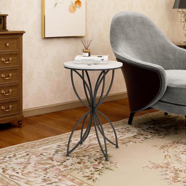 Unbranded Black Color Faux Marble Top Round Side Table and Accent Table with Black Metal Base
