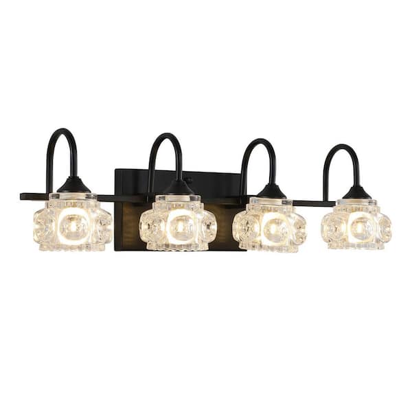 22.8 in. 4 Light Vintage Black Wall Sconce Vanity Light with Clear Crystal Shade for Bathroom, Vanity Mirror (No Bulbs)