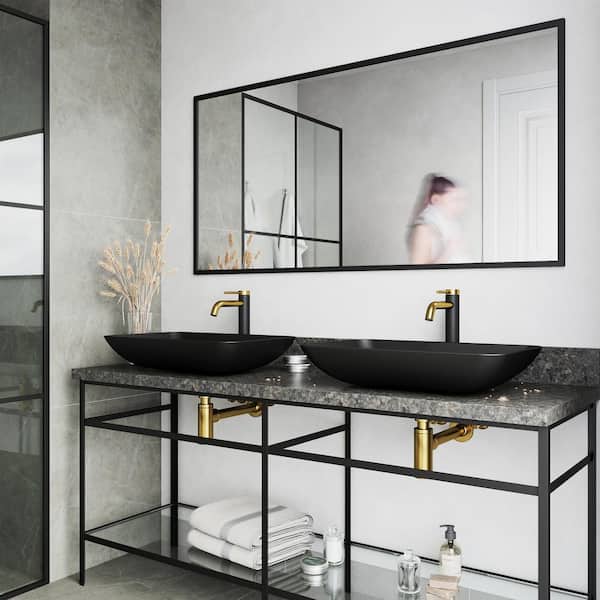 MatteShell Rectangular Vessel Bathroom Sink in Black and Lexington cFiber Faucet in Matte Gold/Matte Black