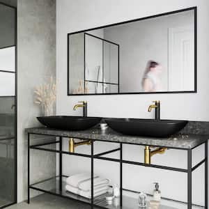 Matte Shell Hadyn Glass Rectangular Vessel Bathroom Sink in Black with Lexington Faucet and Pop-Up Drain in Matte Gold