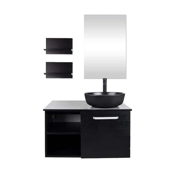 28 in. W x 19 in. D x 16 in. H Single Sink Bath Vanity in Black with Black Solid Surface Top and Mirror