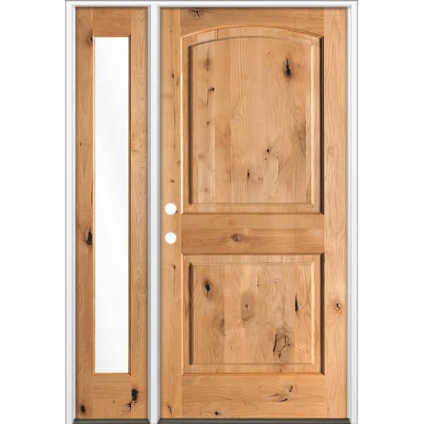 50 in. x 96 in. Knotty Alder 2 Panel Arch-Top Right-Hand/Inswing Clear Glass Cedar Stain Wood Prehung Front Door LFSL