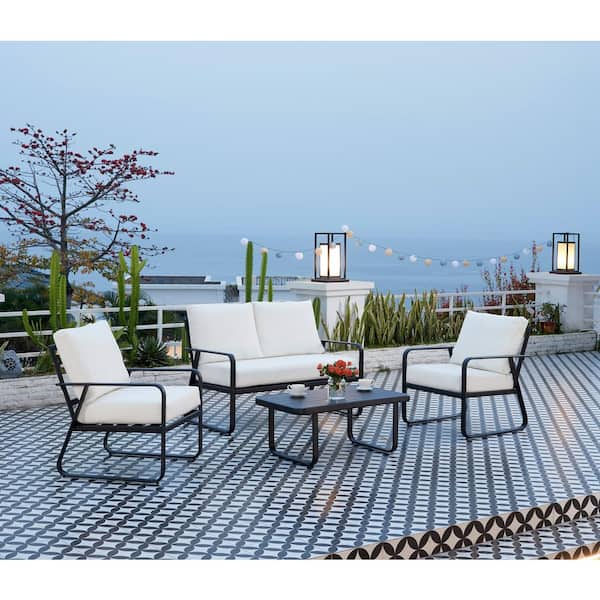 Dwell Home Inc Maui 4-Piece Metal Patio Conversation Set with Off-White Cushions