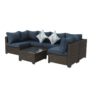 7-Piece Brown Rattan Wicker Patio Conversation Set with Dark Blue Cushion and White Pillow
