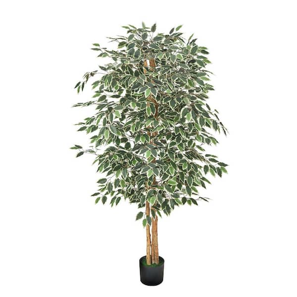 6 ft. Artificial Ficus Tree with Black Pot, Tall Faux Ficus Plant with Natural Wood Trunk and Realistic Green Leaves