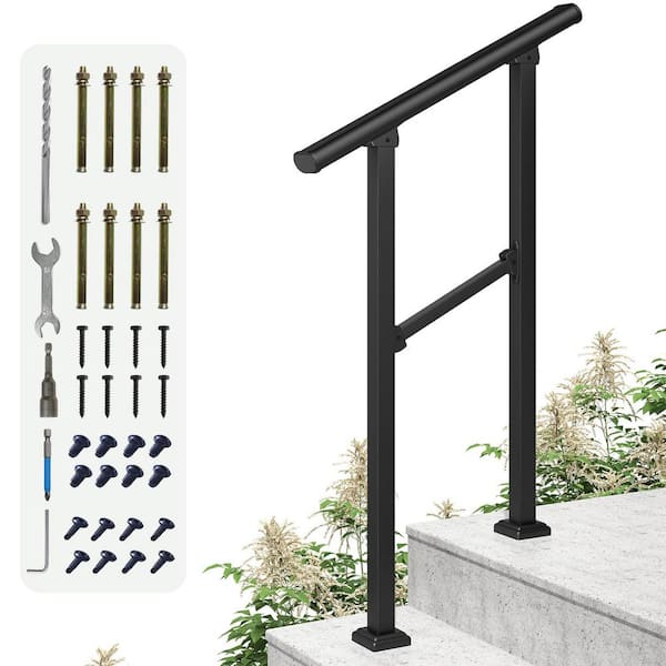 HOMEIBRO 36 in. H x 26.5 in. W Black Wrought Iron Stair Railing Kit Handrails for Outdoor Steps Fit 1 or 2 Steps