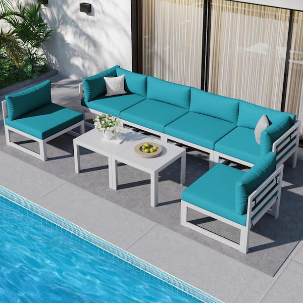 White 8-Piece Aluminum Outdoor Patio Conversation Sectional Deep Seating Sofa Set with Tables and Teal Cushions