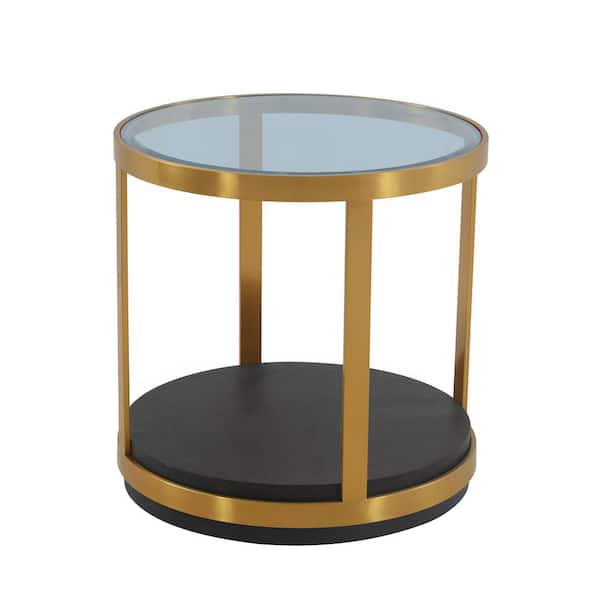 Armen Living Hattie Multi-Colored Glass Top and Walnut Wood End Table with Brushed Gold Frame