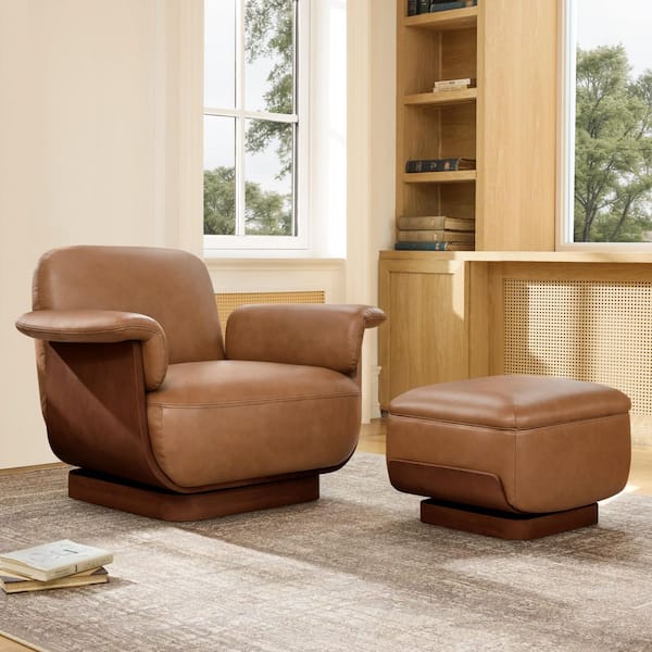 Collins Saddle Genuine Leather  360°Swivel Accent Chair and Ottoman Set with Storage Swivel Ottoman and Solid Wood Frame