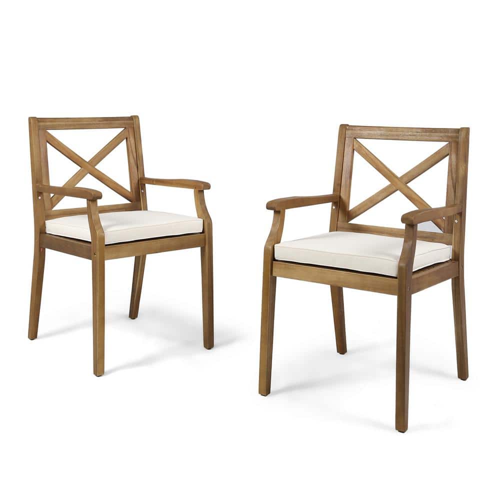 Teak Brown Wooden Dining Arm Chair with Cream Cushions
