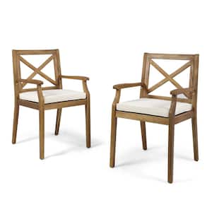 Perla Teak Brown Cross Back Wood Outdoor Dining Chairs with Cream Cushions (2-Pack)