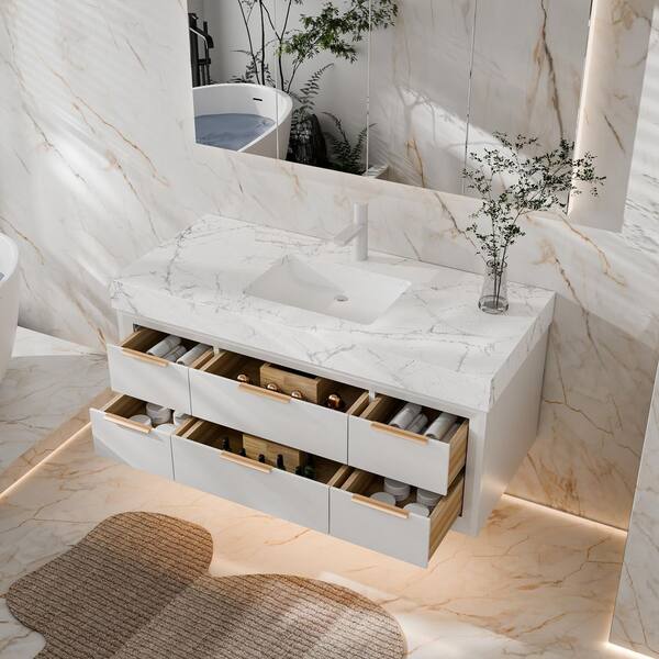 Wenlorin 48 in. Single Sink Floating White Bath Vanity with White Engineered Marble Top Pre-Assembled
