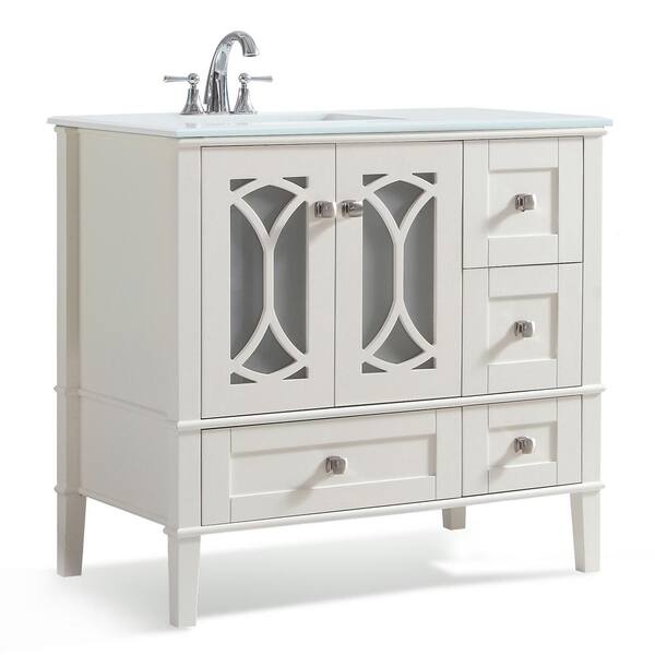 Simpli Home Paige 36 in. W x 22 in. D x 35 in. H Bath Vanity in Soft White with Quartz Marble Vanity Top in White with White Basin