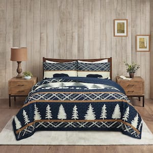 ME504 Cabin Lodge Rustic Country Navy Blue Bear and Forest Queen Size Polyester Quilt Bedspread Set