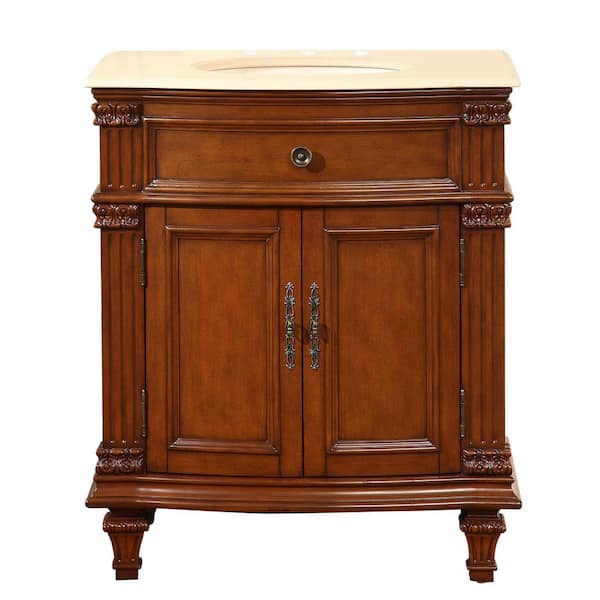 Silkroad Exclusive 30.5 in. W x 22 in. D Vanity in Cherry with Marble Vanity Top in Crema Marfil with Ivory Basin