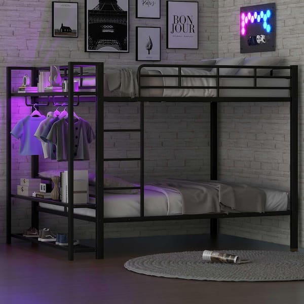 Black Full Over Full Bunk Bed with Storage Mesh Shelves and Clothes Hooks