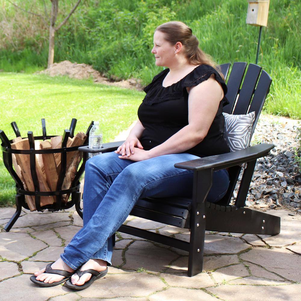 Black HDPE Outdoor Adirondack Chair with Cup Holder
