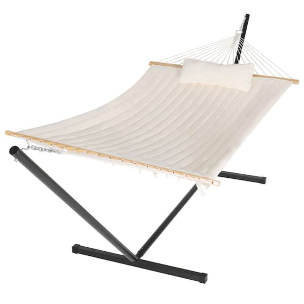 VEIKOUS 2-Person Beige 12 ft. Heavy-Duty Hammock with Stand and Detachable Pillow, 450 lbs. Capacity