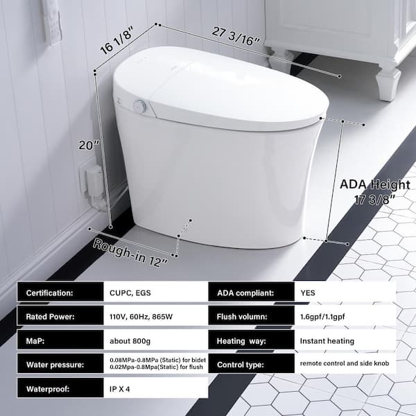 Unbranded ADA Compliant Smart Bidet Toilet - Dual Flush, Remote Control, White