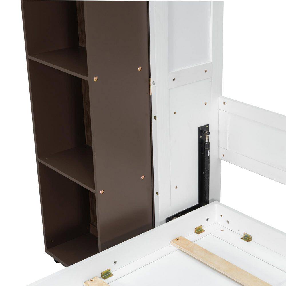 White Wood Frame Queen Murphy Bed Wall Bed with Push-Pull Foldable Storage Cabinets - thumbnail 3